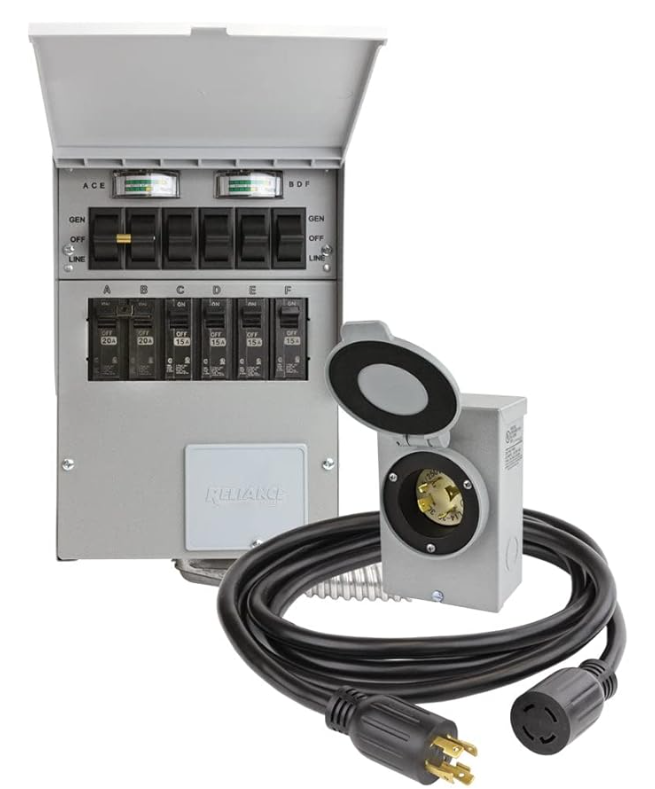 Westinghouse WGen5300DFcv portable generator paired with a Reliance manual transfer switch kit including circuit breakers, power inlet box, and heavy-duty generator cord.
