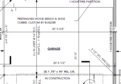 Garage framing plan showing joist layout, LVLs, and fire-rated partitions