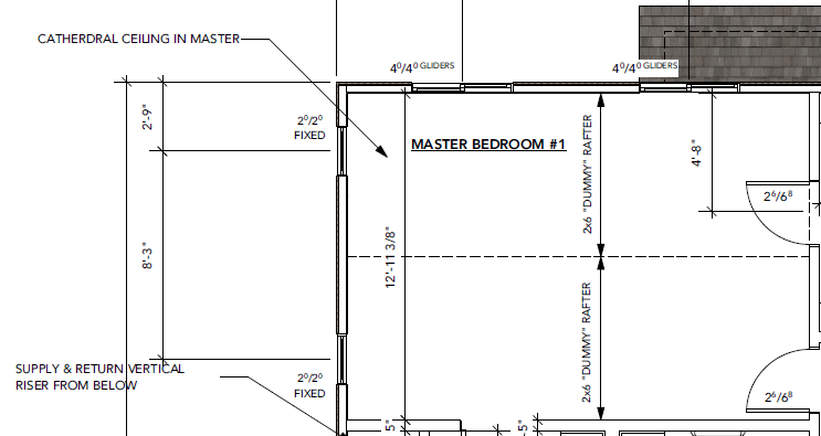 Second floor plan of master bedroom showing dummy rafters and cathedral ceiling