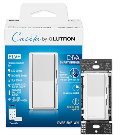 Lutron Diva Smart Dimmer Switch ELV+ in original packaging, neutral-wire model for advanced LED dimming