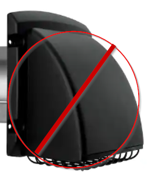 Incorrect dryer vent termination with black hood and screen, marked as prohibited due to code violation—screens are not allowed per 2021 IRC M1502.3.