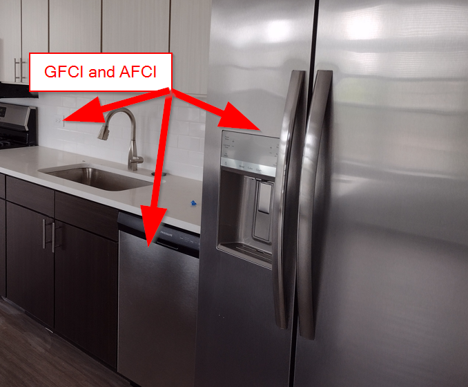 Kitchen dishwasher and sink labeled for required GFCI and AFCI protection under 2023 NEC code