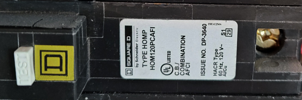 Square D combination-type AFCI breaker with test button, used for branch circuit arc fault protection per NEC 2020–2023.