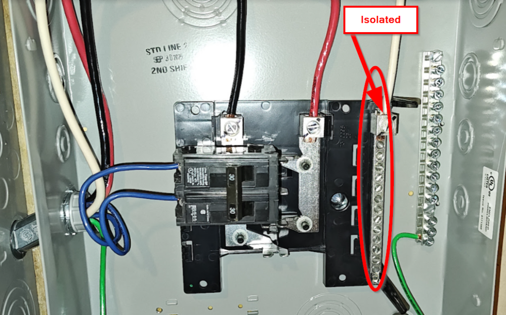 Panelboard-level neutral isolation example under NEC 408.40 showing proper separation of neutral and equipment grounding conductors