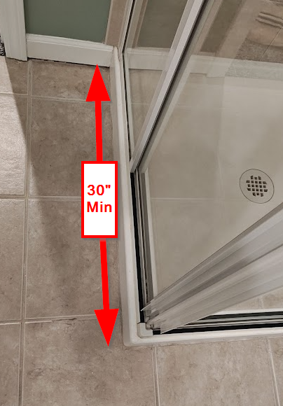 IRC shower interior clearance showing minimum required dimension measured inside finished shower
