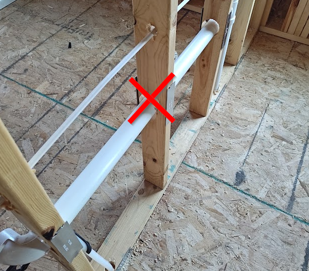 Drilling holes in 2x4 studs: pipes passing through wall framing, with a red X highlighting a large hole